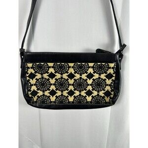 Liz Claiborne Blk/Beige Embroidered Canvas Crossbody Handbag Coastal Chic